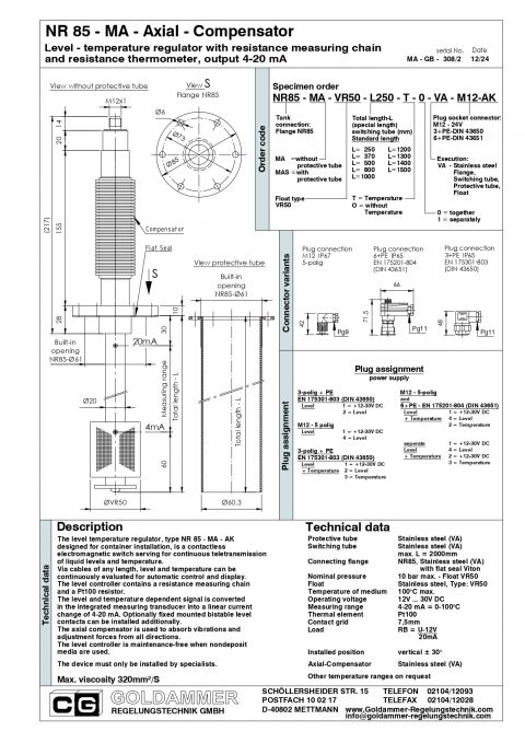 Restance Level-temperature regulator for tank insert - TMA & MA - Goldammer ...